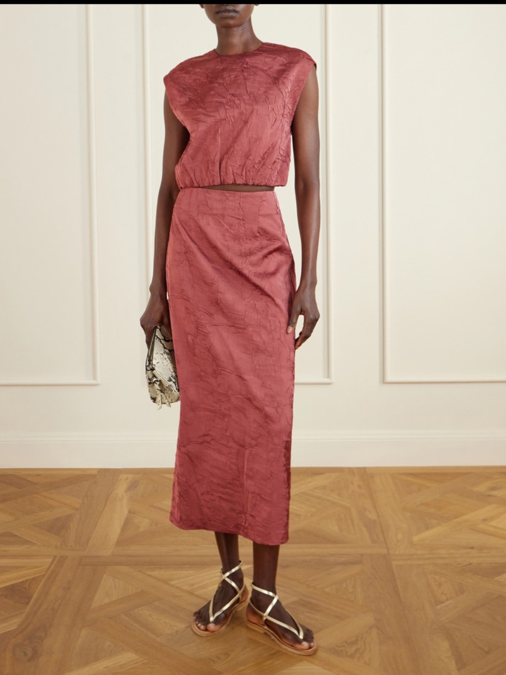 Ulla Johnson Crinkled Satin Tank and midi skirt in Rusty Rose